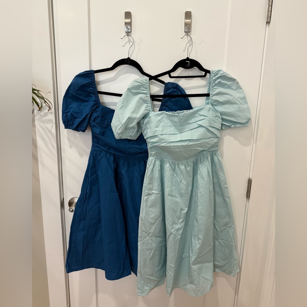 Elegant Blue and Light Blue Puff Sleeve Dresses